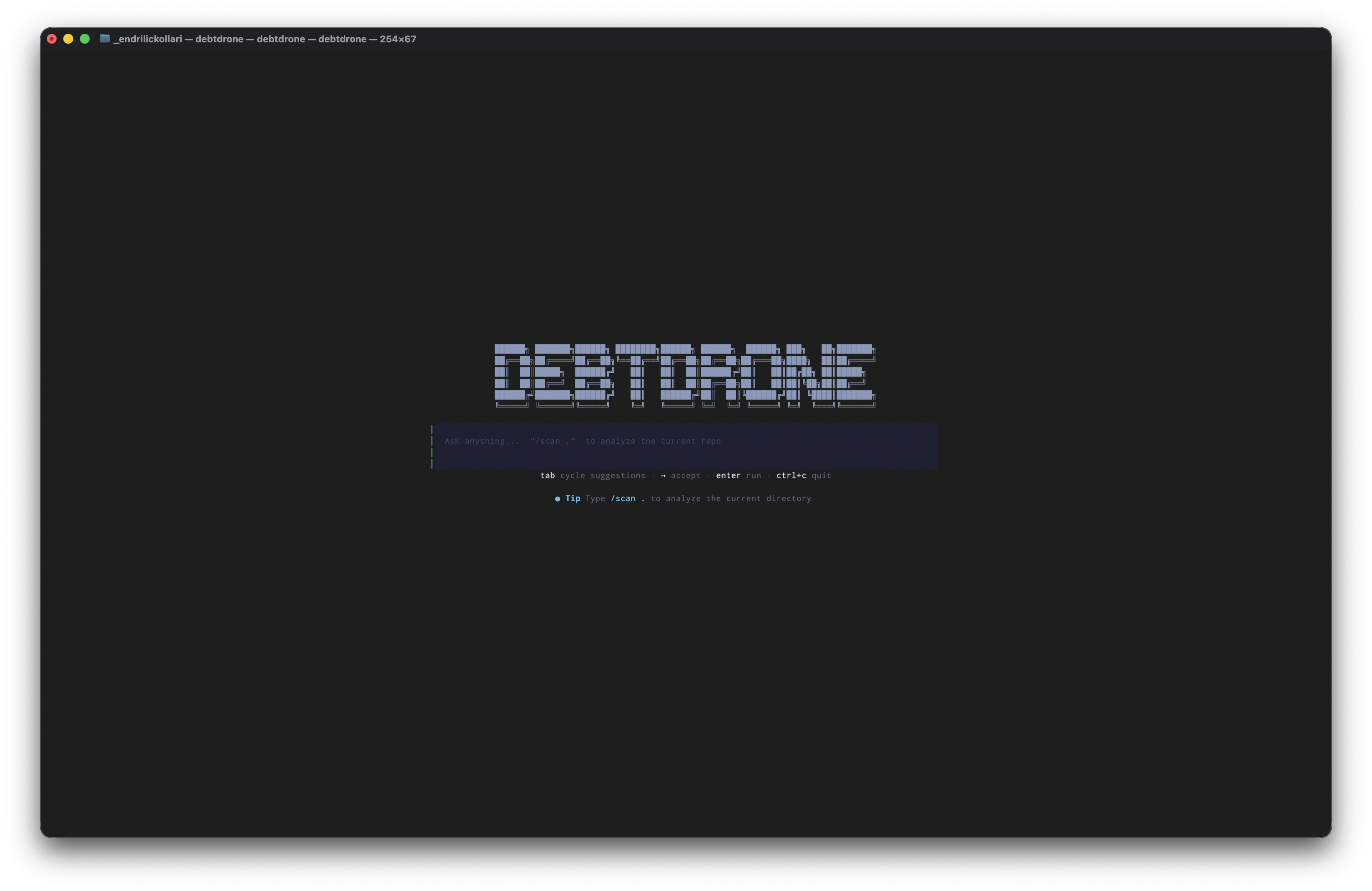DebtDrone TUI welcome screen showing the ASCII logo and command bar