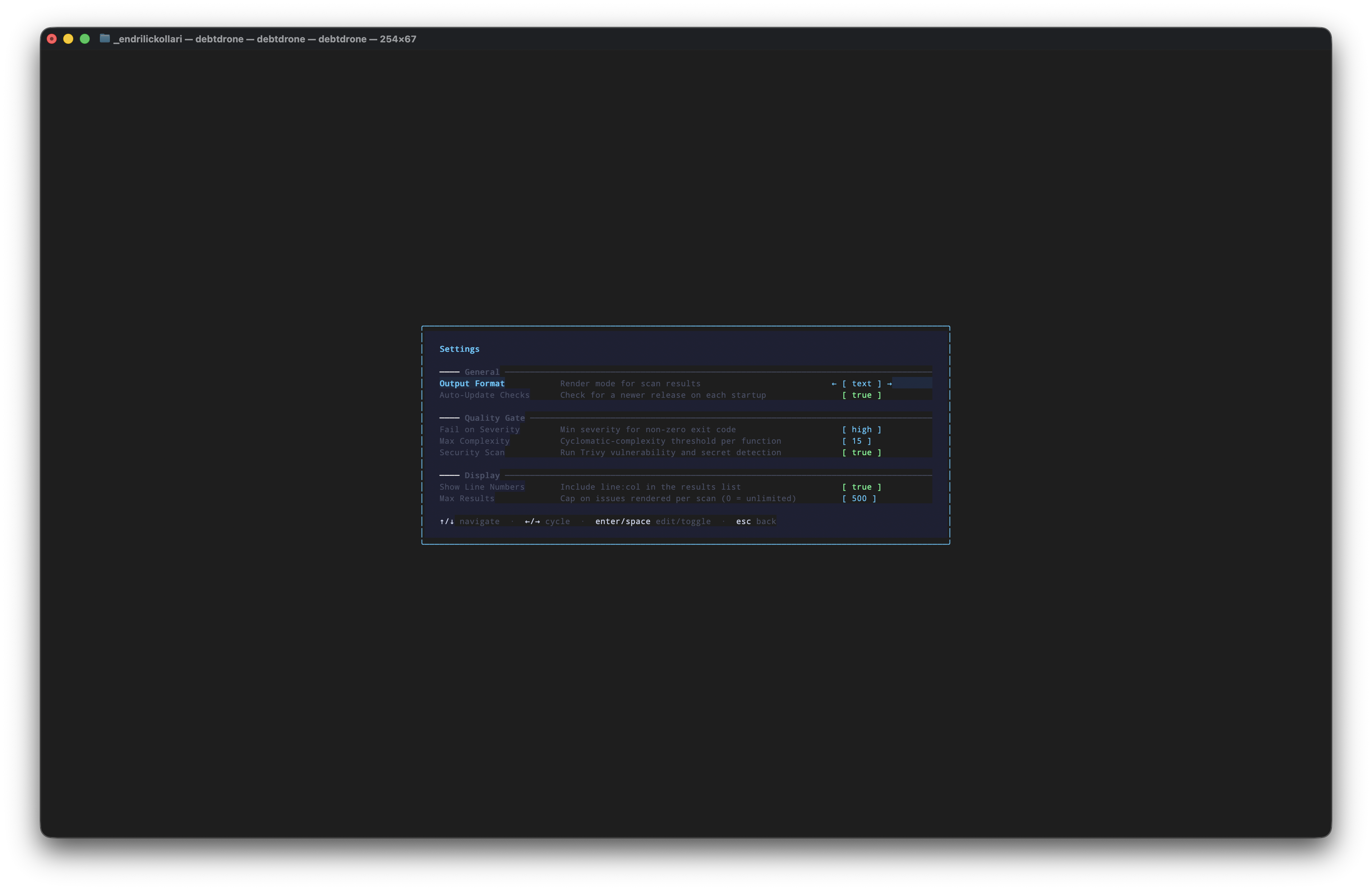 Interactive settings editor showing General, Quality Gate, and Display sections