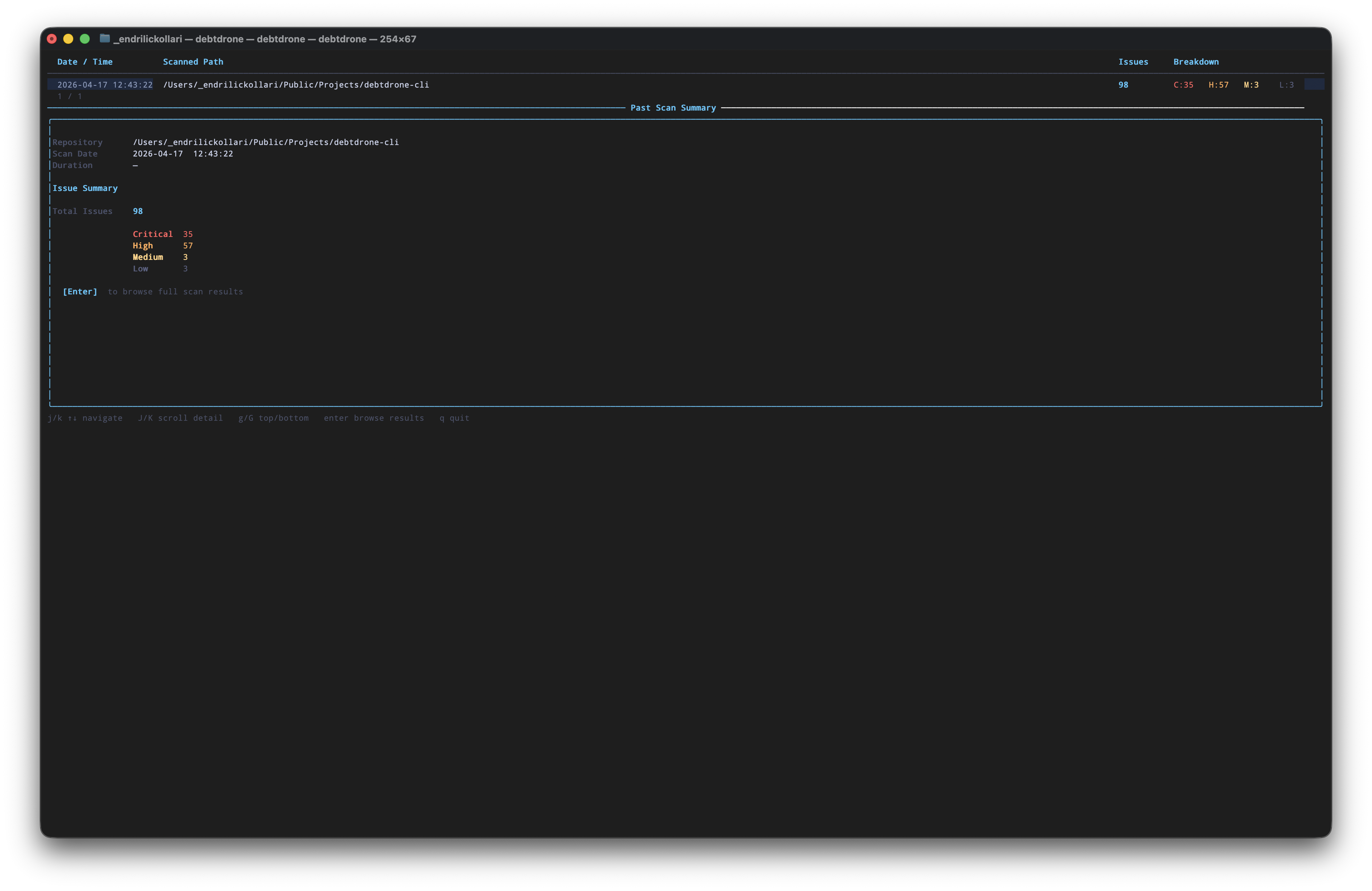 History browser showing a past scan with 98 issues broken down by severity