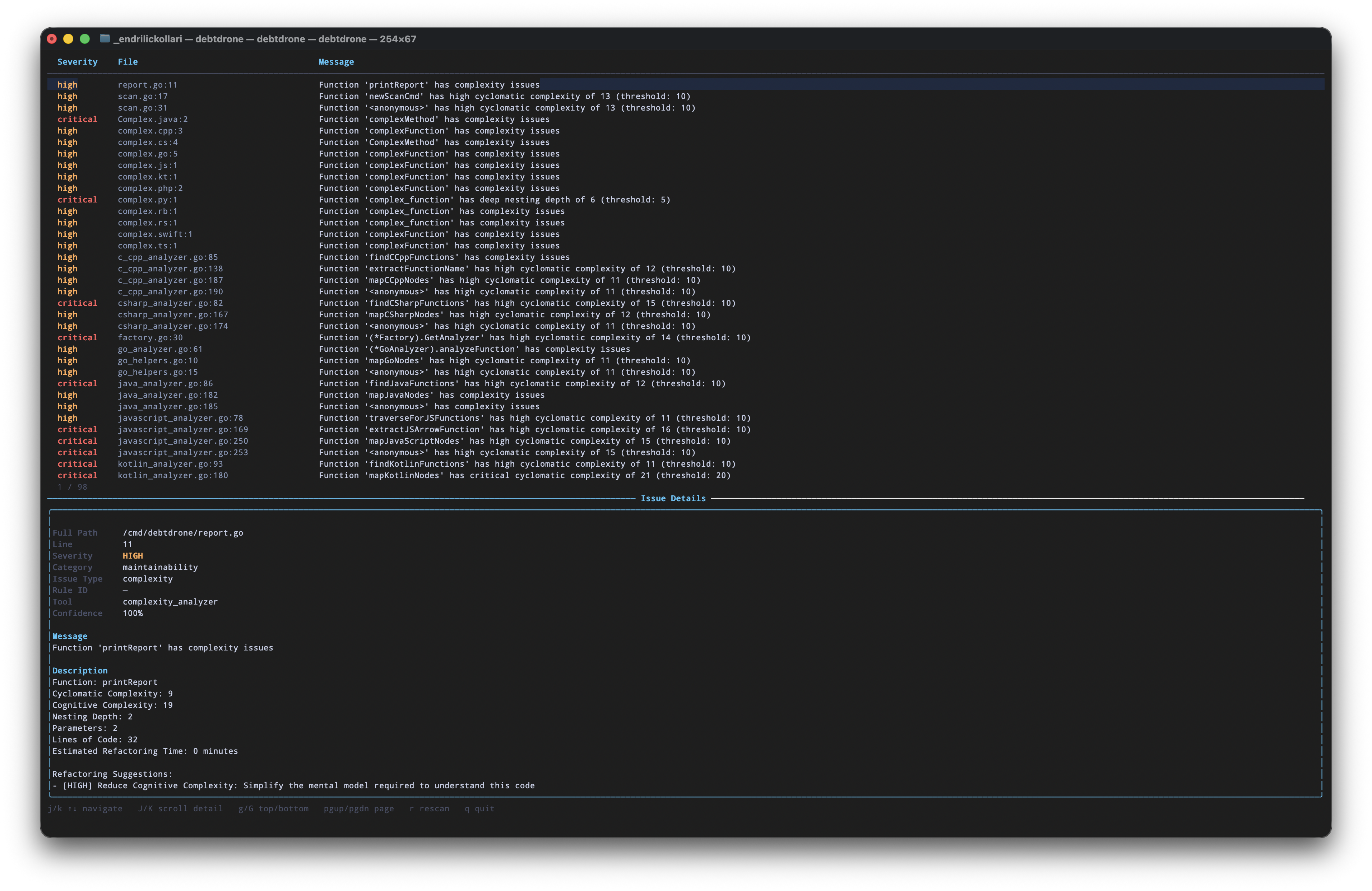Scan results master-detail view showing findings list and per-function metrics